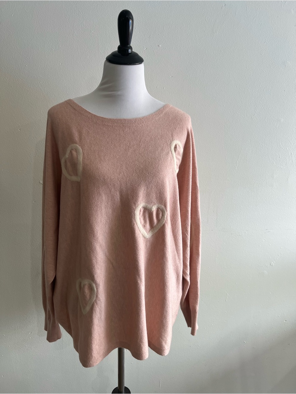 Women's Blush Pink Crewneck Sweater with Cream Heart Accents
